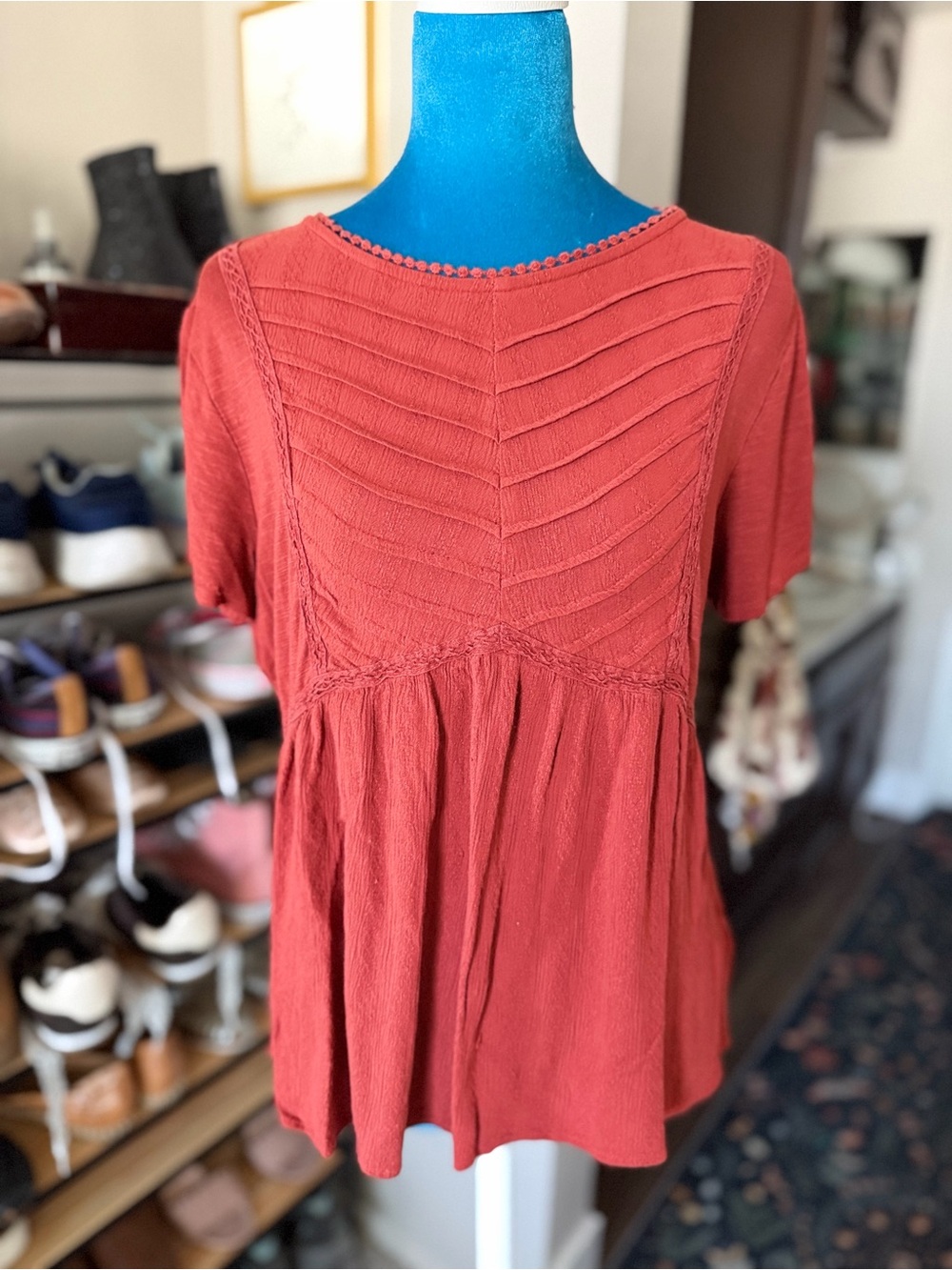 Lucky Brand Rust Red Textured Short-Sleeve Peplum Top